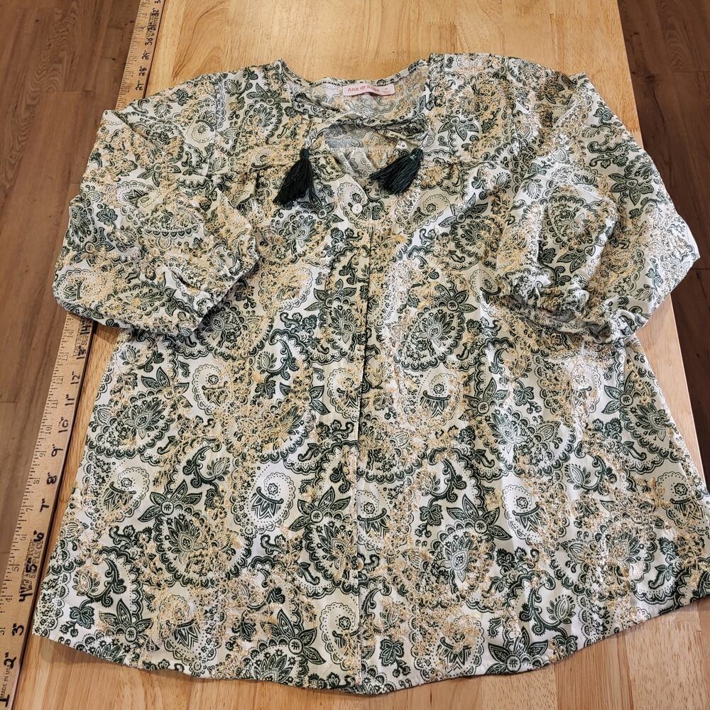 Paisley Green & Cream Ballon Sleeve Blouse All Over Embroidery medium Tassel Tie